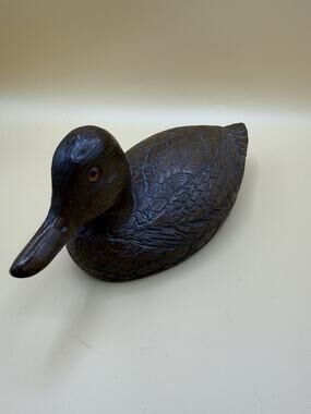 Vintage Hand Carved Wooden Duck Decoy Figure Red Glass Eyes 8.5” Long
